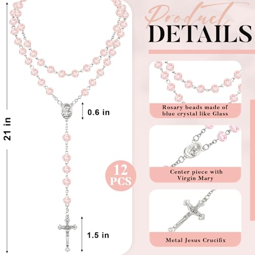 ROCEEI 12/24 Set Catholic Rosary Beads Necklace Bulk - color: Pink