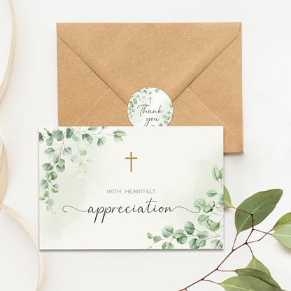25 Pack Funeral Thank You Cards, Watercolor Eucalyptus Leaves Design - color: Green