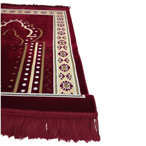Turkish Muslim Prayer Rug, Mat with Beads for Men Women, Ramadan Hajj Gift (RED) - color: Red