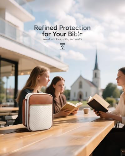 BellaHold Bible Cover Case for Women Quilted Bible Case with Handle Strap - color: White & Brown, size: M/L