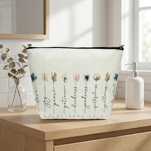 1 Pcs Christian Themed Makeup Bag (8.66x7x1.57 in) Cosmetic Pouch Printed with Bible Verses Exquisite Floral Pattern Thoughtful Positive Energy Gift for Women (B) - color: B