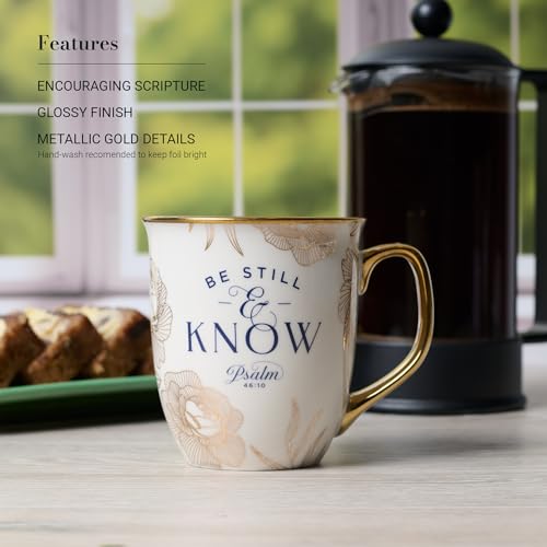 Christian Art Gifts Novelty Large Ceramic Scripture Coffee Mug for Women - color: White & Navy Blue/Be Still