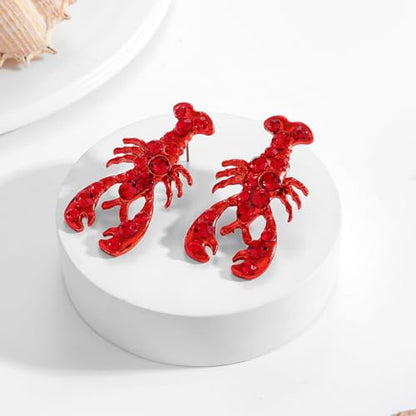 Creative Exaggerated Ocean Animal Drop Dangle Earrings for Women, Bohemia Style Alloy Lobster Octopus Fish Crab Earrings for Summer Beach Holiday Party Jewelry Gifts - style: Red Rhinestone Lobster Earrings-G