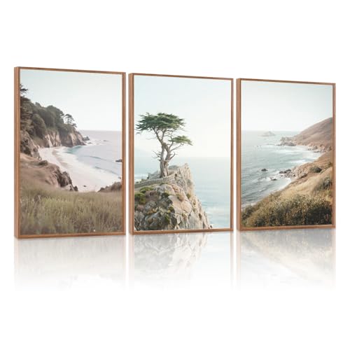 LHIUEM Coastal Seascape Framed Canvas Wall Art set of 3(12”X16”)beauty steep Cliffs Beach Wall Decor,coastal palm tree Painting,Natural Ocean Pictures,Modern beach wave Artwork for Bedroom,Dining Room - color: Seascape