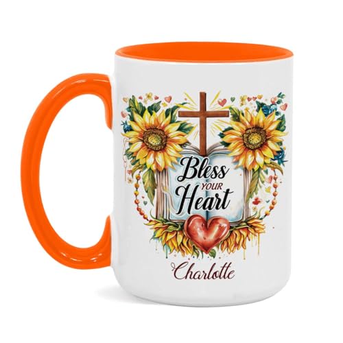 Custom Mug With Bless Your Heart Message, Christian Cup 11oz 15oz, Personalized Sunflowers And Cross Design Mug, Customized Name Religious Coffee Cup, Gift For Christian Men Women - color: HOA-624-2169-BLESS YOUR HEART MUG
