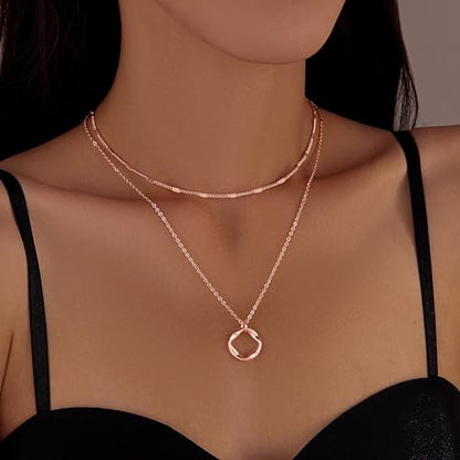 Poxtex Layered Gold Necklaces for Women, Stackable Dainty 14K Gold Silver Plated Trendy Simple Heart Diamond Cross Bow Circle Pendant Paperclip Choker Dot Chain Necklace,Jewelry Set Gifts for Women - color: Rose Gold, style: Circle1