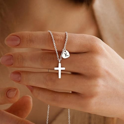 M MOOHAM Initial Cross Necklace for Girls, Baptism Gifts for Girl Jewelry - color: J