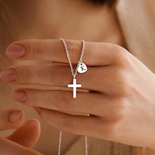 M MOOHAM Initial Cross Necklace for Girls, Baptism Gifts for Girl Jewelry - color: T