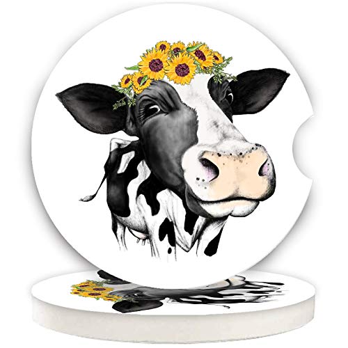 Car Coasters for Women Mother's Day 2 Pack Easter Decorations, Cute Farm Cow Animal 2.56" Absorbent Ceramic Coaster Car Accessories, Keep Cup Holders Clean and Dry, Easy Removal(Cute Cow & Sunflower) - color: Cute Cow