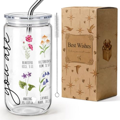 Wildflower Gifts for Christian Women 16 oz Glass Cups with Lids and Straws, Inspirational Scripture Coffee Cup Tumbler for Friends, Mothersday Baptism Birthday Religious Graduation Gifts for Mom Teens