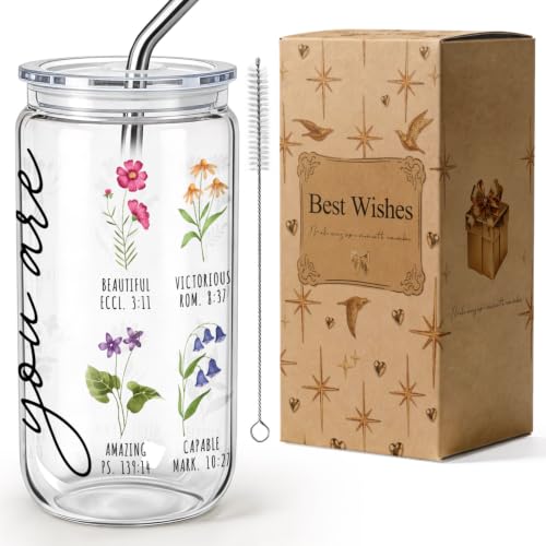Wildflower Gifts for Christian Women 16 oz Glass Cups with Lids and Straws, Inspirational Scripture Coffee Cup Tumbler for Friends, Mothersday Baptism Birthday Religious Graduation Gifts for Mom Teens
