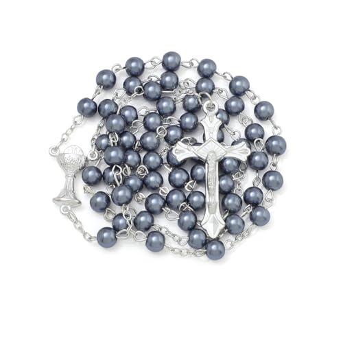 KOMI 6 MM Pearl Rosary Beads With Crucifix, Catholic Necklace for Women With Velvet Bag or Rosary Box - style: Rosary-9