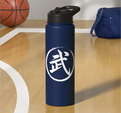 “Warrior” Japanese Kanji Word Graphic Stainless Steel Insulated Water Bottle - color: Navy Blue