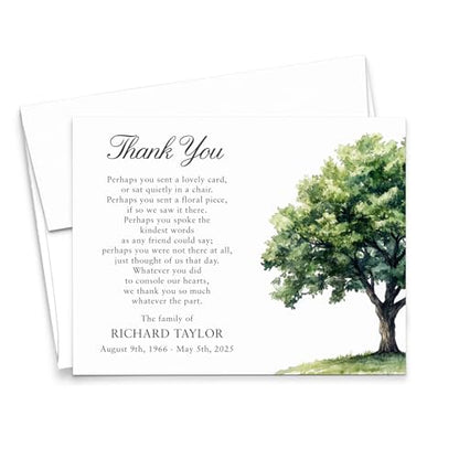 Funeral Thank You Notes with Message Inside, FLAT or FOLDED Sympathy Acknowledgement Cards & Envelopes, Bereavement Personalized Thank You Notecards, Your Choice of Quantity and Color - color: Oak Tree