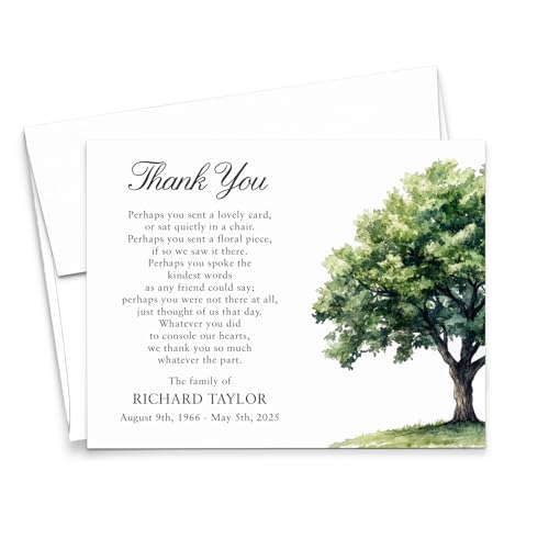Funeral Thank You Notes with Message Inside, FLAT or FOLDED Sympathy Acknowledgement Cards & Envelopes, Bereavement Personalized Thank You Notecards, Your Choice of Quantity and Color - color: Oak Tree
