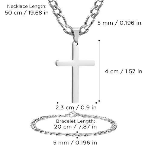 NORBU Stainless Steel Cross Necklace and Bracelet Set for Men, Cuban Link - color: Silver Figaro