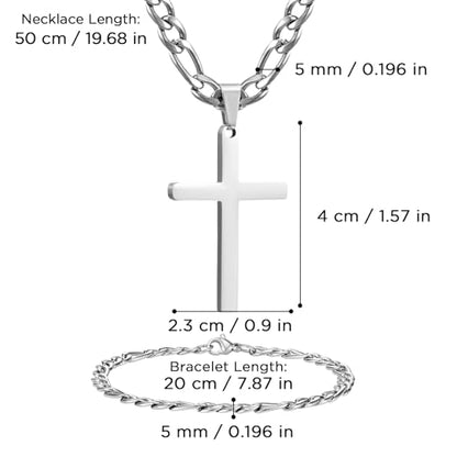 NORBU Stainless Steel Cross Necklace and Bracelet Set for Men, Cuban Link - color: Silver Figaro