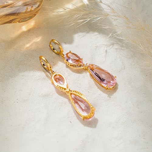 18K Gold Plated, Dangle Earrings for Women, Flower/Heart Drop earrings, Hypoallergenic Cubic Zirconia Earrings, Lightweight, Party, gold earrings, Jewelry for Gifts, Fashion - style: 7507-Pink