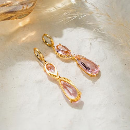 18K Gold Plated, Dangle Earrings for Women, Flower/Heart Drop earrings, Hypoallergenic Cubic Zirconia Earrings, Lightweight, Party, gold earrings, Jewelry for Gifts, Fashion - style: 7507-Pink