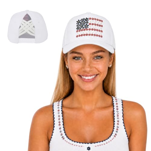 C.C Women's Criss-Cross Ponytail Trucker Hat - Snapback, One Size - color: Floral Flag-white
