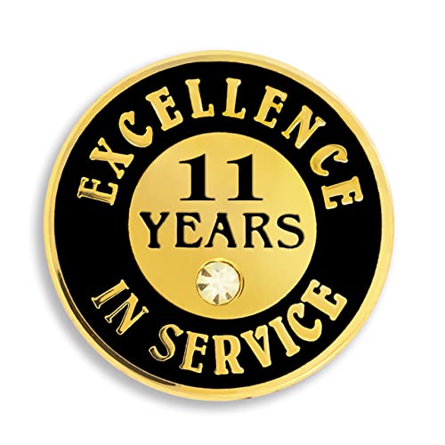 PinMart Gold Color Plated Excellence in Service Year Award Lapel Pin – Metal Enamel Workplace Reward Pin w/Rhinestone – 1-60 Years Pins for Long Standing Employees - color: 11 Years Gold Plated, size: 1 Piece