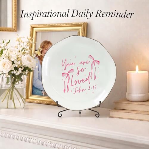 Jewelry Dish Pink Bow Ring Dish, Christian Jewelry Tray, Ceramic Trinket Dish Inspirational Faith Gift for Women, Baptism, Confirmation, Birthday - color: You Are So Loved.
