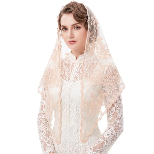 Lystaii Triangle Lace Mantilla Veil Catholic Chapel Head Covering Scarf - color: Champagne