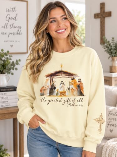 MOUSYA Women Christian Sweatshirt Psalms 91 Sleeve Print Sweatshirt Bible Verse Pullover - color: Apricot-412, size: Medium
