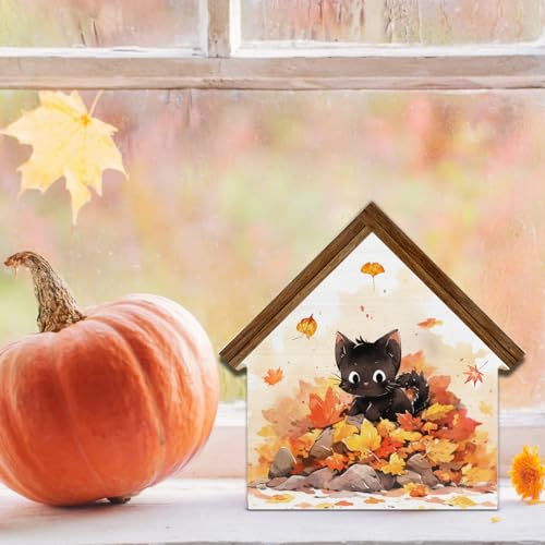Cute Fall Decor, Black Cat Maple Leaves House Shaped Wood Sign - color: Cat