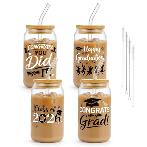 Glass Cups with Lids and Straws, 4Pack, 16oz, Graduation Grad - color: Happy Graduation