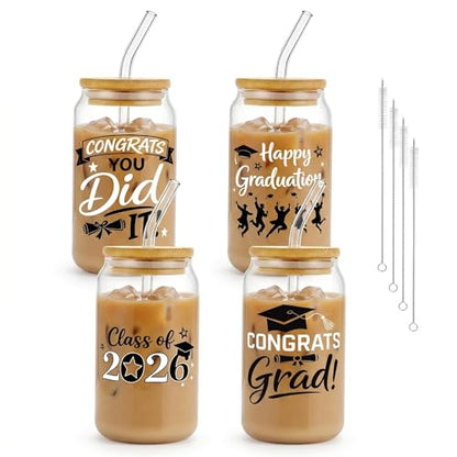 Glass Cups with Lids and Straws, 4Pack, 16oz, Graduation Grad - color: Happy Graduation