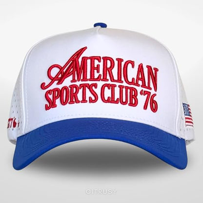 CITRUSY Athletic Trucker Golf Hat | Performance Mens 5 Panel Cap | Cool Breathable Waterproof Workout Running Snapback - color: American Sports Club | Blue