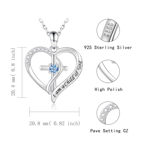 925 Sterling Silver I Am a Child of God Scripture Pendant with Birthstone Heart Cross Communion Necklace for Women Christian Faith Jewelry Gift - color: December