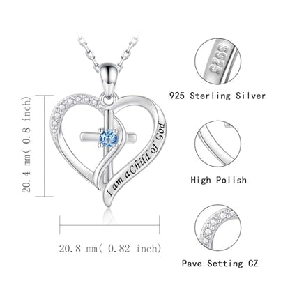 925 Sterling Silver I Am a Child of God Scripture Pendant with Birthstone Heart Cross Communion Necklace for Women Christian Faith Jewelry Gift - color: December