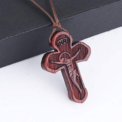 COTTVOTT Wood Orthodox Cross Pendant Necklace Christian Crucifix Necklace Prayer Jesus for Women Men - style: A-Red Color