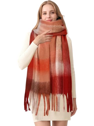 HOTIAN Women's Large Scarf Colorful Chunky Plaid Scarves Soft Winter Thick Tassel Warm Wrap Shawl - color: Reddish Brown