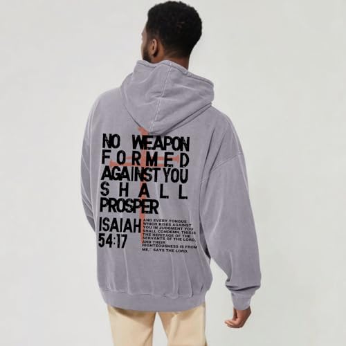 Christian Hoodies Men Jesus No Weapon Formed Against You Sweatshirts Faith God Oversized Acid Wash Graphic Pullover - color: Gray, size: Small