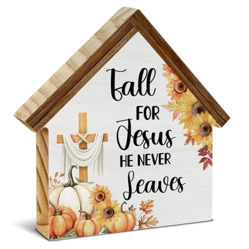 Christian Fall Decor, Fall for Jesus He Never Leaves House Shaped Wood Sign - color: Jesu