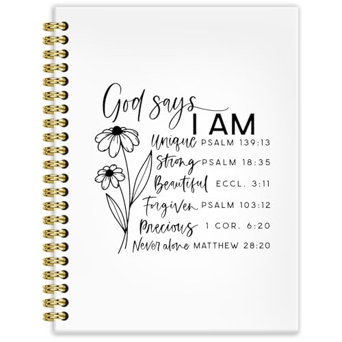 BRRNYOI God Says I Am Christian Notebook Journal 5.5x8.3, Christian Religious Journals for Women, Church Notes Journal, Floral Bible Scripture Hardcover Spiral Notebooks for Note Taking