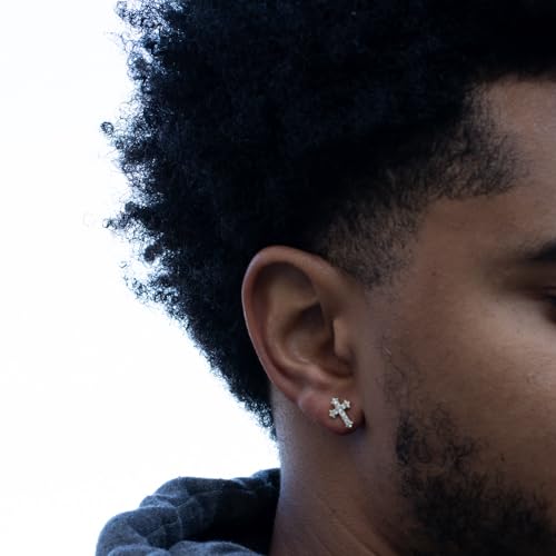 Small Mens Women's Prong Set Iced 5A Cz Hip Hop Yellow Gold 925 Sterling Silver Screw Back Post Hypoallergenic Crucifix Ice Out Cubic Zirconia Gothic Cross Stud Earrings