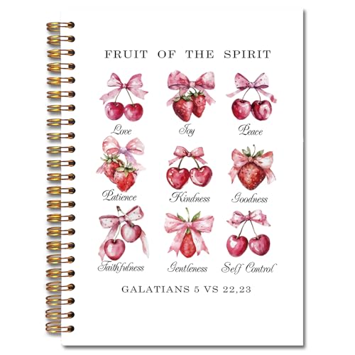 JINYO Coquette Pink Bow Cherry Strawberry Christian Notebook, Fruit of the Spirit Bible Notebook, Prayer Journal for Woman, Church Notes Journal, Scripture Spiral Notebooks 5.5x8.3 Inch - color: white Cherry Strawberry Christian Notebook
