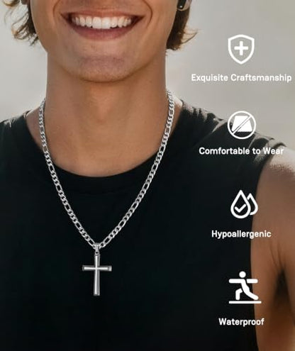 925 Sterling Silver Cross Necklace for Men with 5mm Figaro Chain - color: Silver, size: 20 inches