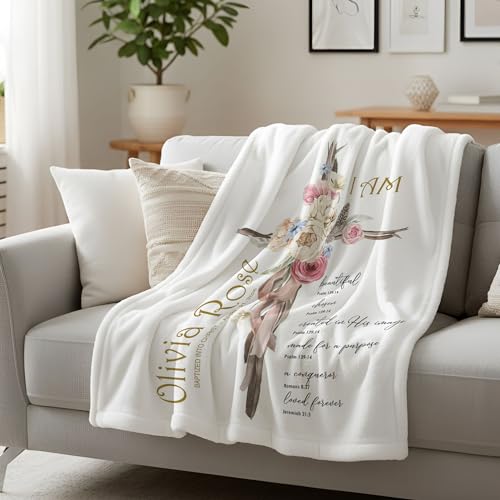Personalized Baptism Blanket for Girl, Custom Floral Cross Baby Blanket, Christian Baby Girl Gift, Baptized in Christ Throw Blankets, Catholic Christening Blanket, Scripture - color: #Ver1