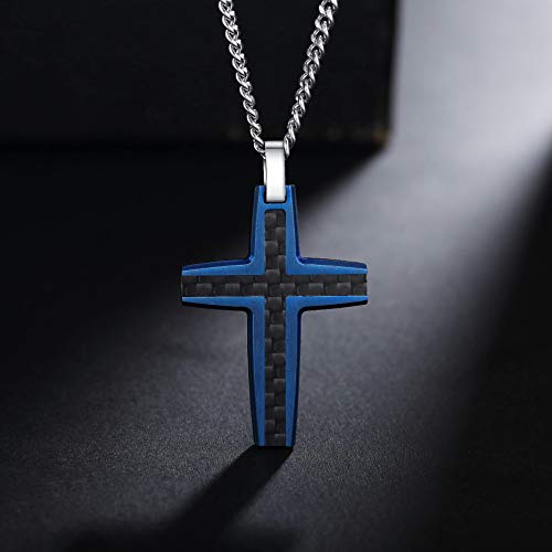 Men's Stainless Steel Cross Necklace,Two-Tone Black & Blue Carbon Fiber Pendant - Included Gift Box - style: Black & Blue XL001
