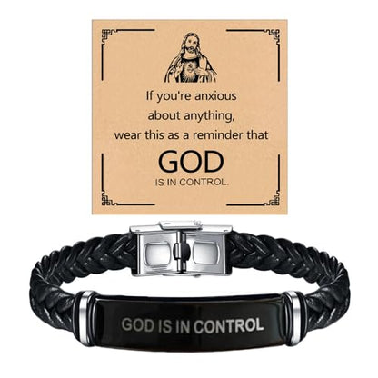 God is in Control Leather Bracelet, Stainless Steel Christian Faith Braided Engraved Bar Bracelets Self Worth Motivation Bracelet Inspirational Friendship Jewelry for Men Women - color: Black