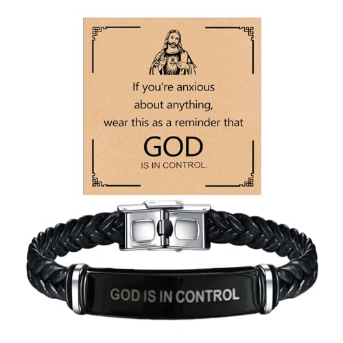 God is in Control Leather Bracelet, Stainless Steel Christian Faith Braided Engraved Bar Bracelets Self Worth Motivation Bracelet Inspirational Friendship Jewelry for Men Women - color: Black
