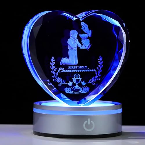 Qianwei First Communion Gifts for Boys, 3D Engraving Crystal Praying Boy John Figurine First Communion Veil Decoration, Baptism Gifts for Boy Catholic - color: Communion-boy-heart