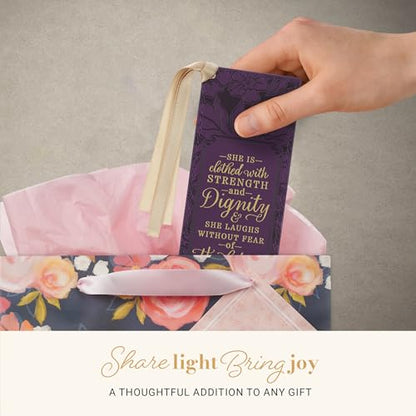 Christian Art Gifts Premium Faux Leather Bookmark: Strength & Dignity - color: Purple Floral/Strength & Dignity