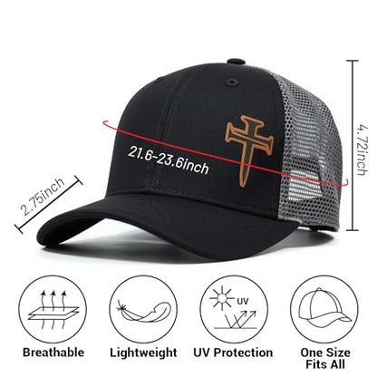 3D Embroidered Christian Hat for Men & Women, Jesus Faith Cross Hat, Religious Gifts for Christians Clothes - color: Leather - Black Silver