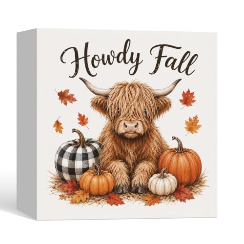 Howdy Fall Western Highland Cow Decor Wooden Box Sign - color: Fall-4